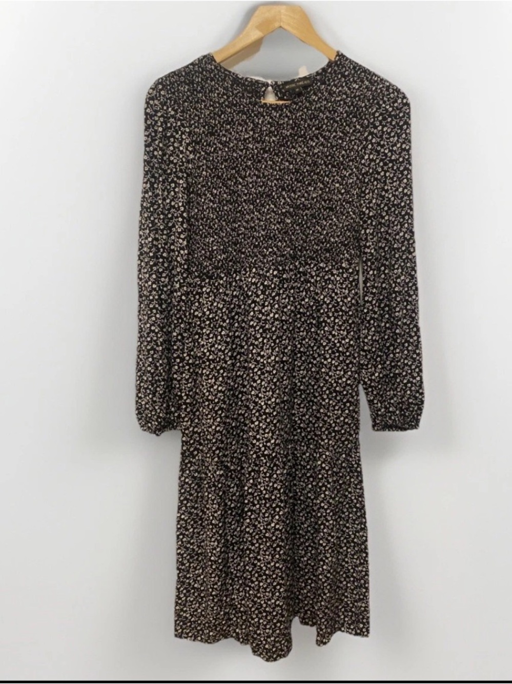 Long-Sleeve Black Floral Midi Dress with Ivory Ditsy Print Cottagecore